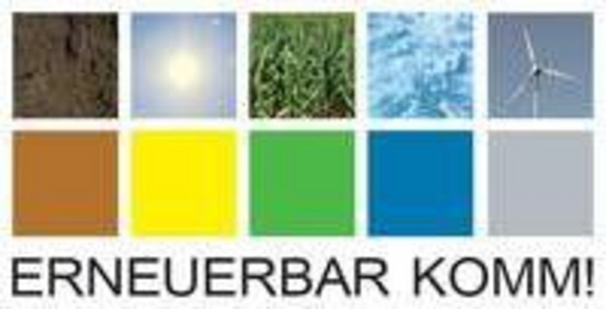 Logo zu Erneuerbar Komm! Zehn Quadrate, jeweils fünf in zwei Reihen nebeneinander mit verschiedenen Motiven und Farben, darunter der Schriftzug "Erneuerbar Komm!"